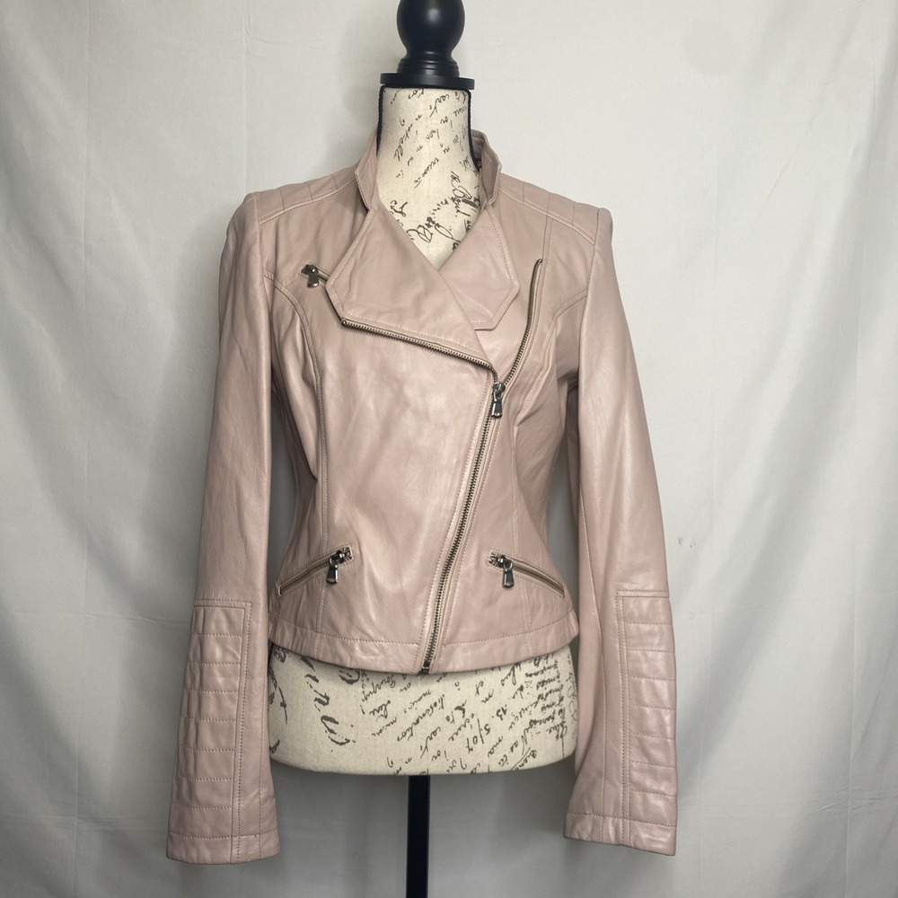 KENNA-T Blush Leather Moto Biker‎ Jacket Cropped Sz M Leopard Lined Asymmetrical